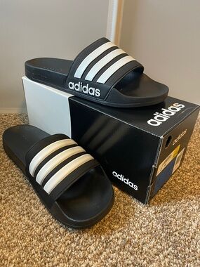 NWT adidas Black Slide Sandals with White Three-Stripes